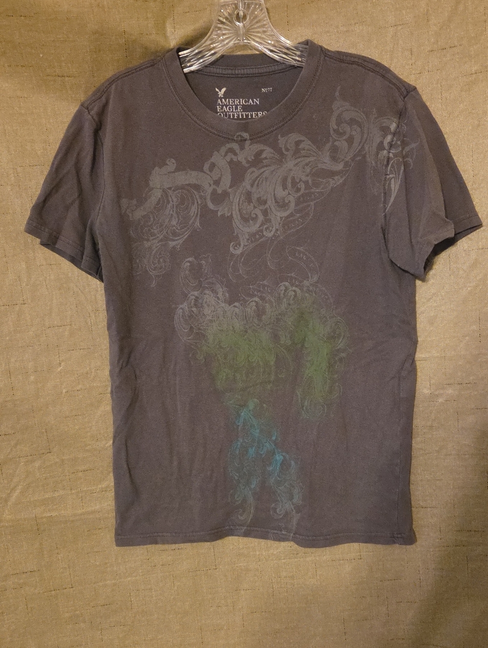 American Eagle Outfitters Charcoal Short-Sleeve Tee with Green & Blue Graphic